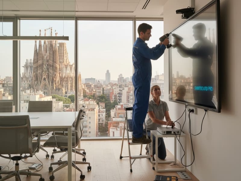 Técnico especialista de Best Sistemas realizando una instalación de pizarra interactiva en una oficina de Barcelona.