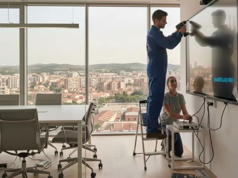 Técnico especialista de Best Sistemas instalando un monitor interactivo en una empresa de Rubí.